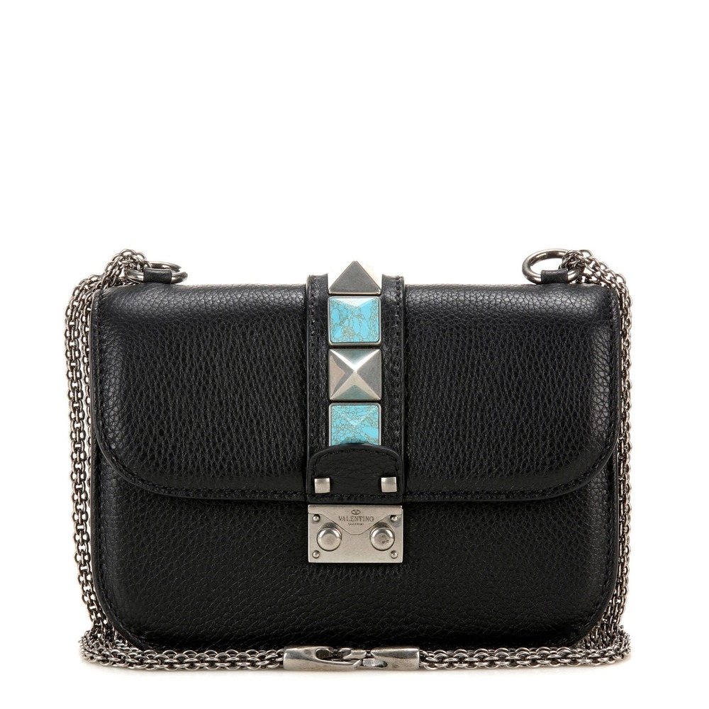 Valentino Garavani Lock Rolling Black Leather Turquoise and Silver Rockstud Bag